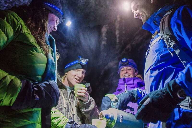Banff: Johnston Canyon Evening Icewalk - Turnaround at the falls: the ice glow and snack warm-up
